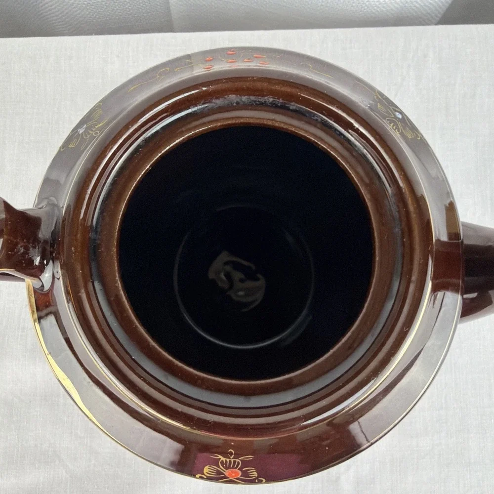 Vintage Brown Betty Redware Teapot Moriage Enamel Hand Painted Japan GUC MCM